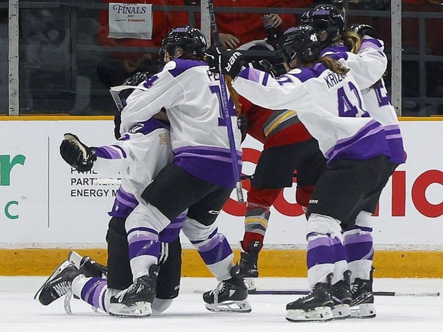 Britta Curl-Salemme of the Minnesota Frost celebrates with teammates after her overtime goal against the Frost at TD Place in Ottawa on May 22, 2025. The series is tied 1-1.   TONY CALDWELL, Postmedia.