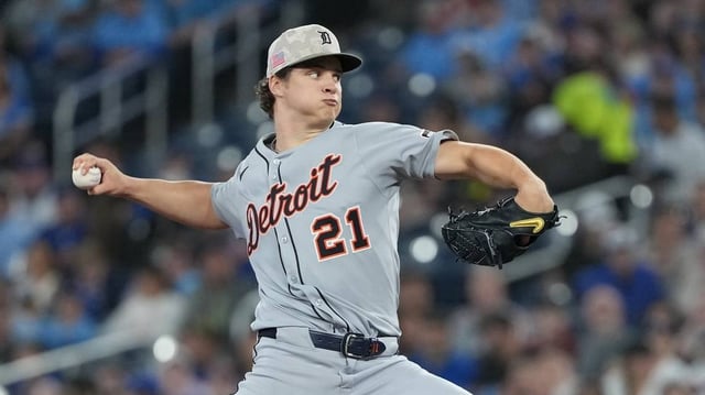 May 18, 2025; Toronto, Ontario, CAN; Detroit Tigers starting pitcher Jackson Jobe (21) throws pitch against the Toronto Blue Jays during the first inning at Rogers Centre. Mandatory Credit: Nick Turchiaro-Imagn Images