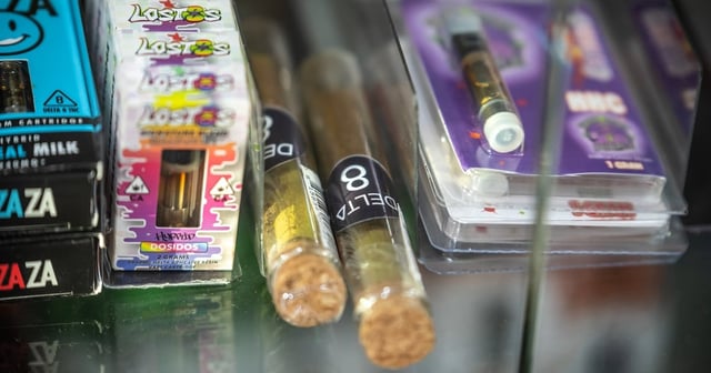Various Delta 8 THC products at a Valero station on Thursday, Feb. 9, 2023 in Spring Branch TX. Delta 8 products are currently legal in Texas due to its low amount of THC but often the amount of THC is not tested and simply possessing THC products can be enough to be arrested and charged with possession. (Sergio Flores for The Texas Tribune)
