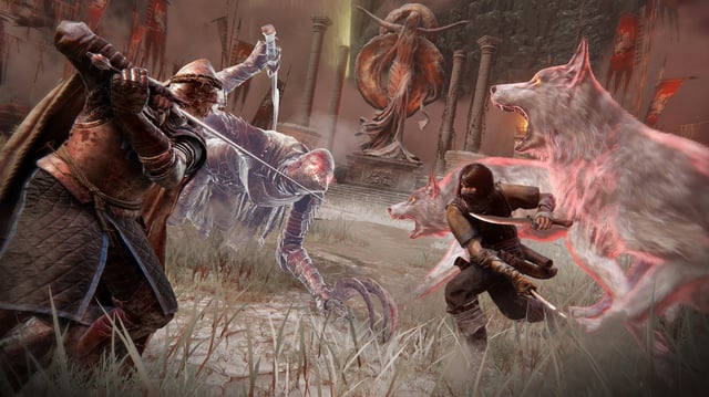 A screenshot from Elden Ring showing an armored person facing off against a rogue-like character with wolves by their side.