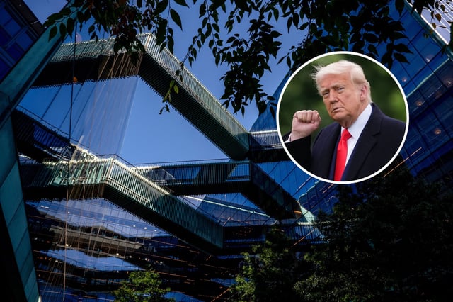 Exterior of Federal National Mortgage Association (FNMA) commonly known as Fannie Mae headquarters at 1100 15th St NW on October 9, 2024, in Washington, DC; U.S. President Donald Trump departs the White House on May 22, 2025, in Washington, DC.