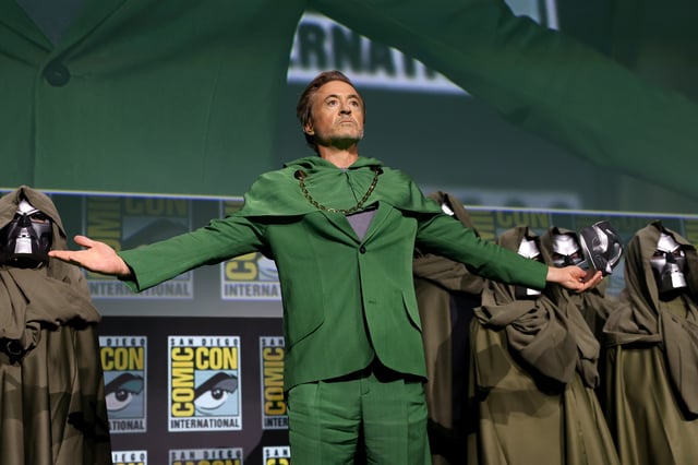 Robert Downey Jr. speaks onstage during the Marvel Studios panel in Hall H at SDCC in San Diego, California, on July 27, 2024.