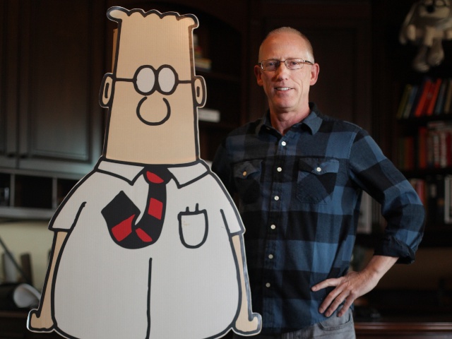 Scott Adams, cartoonist and author and creator of "Dilbert", poses for a portrait with a life-sized Dilbert cutout  in his home office on Monday, January 6, 2014  in Pleasanton, Calif. Adams has published a new memoir "How to Fail at Almost Everything and Still Win Big: Kind of the Story of My Life".