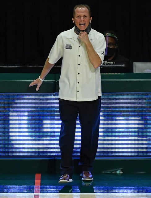 Nov 29, 2020; Coral Gables, Florida, USA; North Florida Ospreys head coach Matthew Driscoll reacts during the second half against the Miami Hurricanes at Watsco Center. Mandatory Credit: Jasen Vinlove-USA TODAY Sports/File Photo