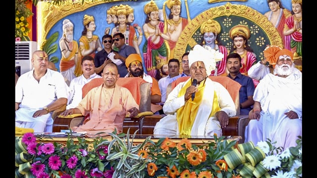 Chief minister Yogi Adityanath during the inauguration of 'Shri Hanuman Katha Mandapam', in Ayodhya on Friday (PTI)