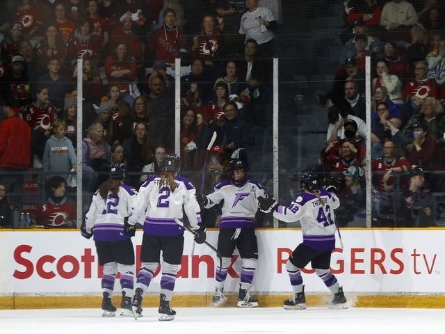  Britta Curl-Salemme from the Minnesota Frost celebrates her third period goal against the Ottawa Charge at TD Place in Ottawa Thursday. The goal was scored on a power play with 26 seconds left in the game. The series is tied 1-1.
