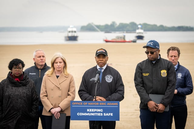 Mayor Eric Adams announces a multi-agency plan to protect New Yorkers this summer  via air, land, and sea at the Orchard Beach Boardwalk in the Bronx on Friday, May 23, 2025. (Ed Reed / Mayoral Photography Office)