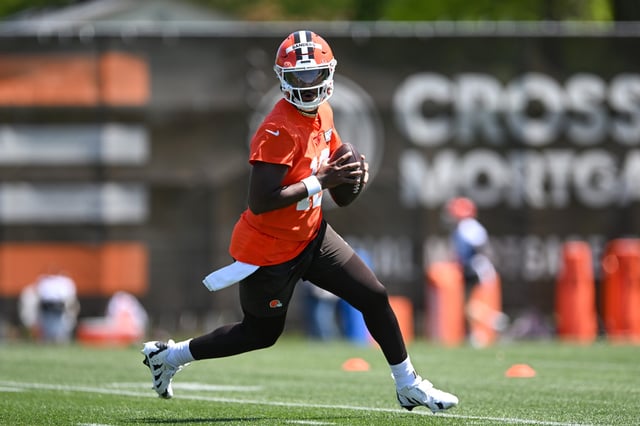 BEREA, OHIO - MAY 10: Shedeur Sanders #12 of the Cleveland Browns runs a drill during rookie minicamp at CrossCountry Mortgage Campus on May 10, 2025 in Berea, Ohio.