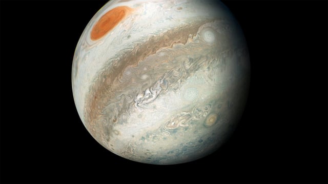 The view shows Jupiter, including its Great red Spot, as captured in 2018 by NASA's Juno spacecraft.