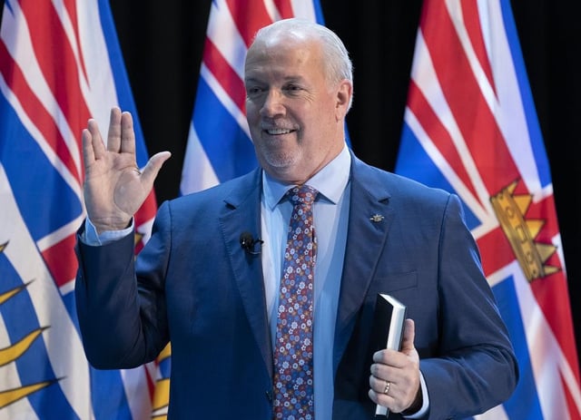The Honourable Janet Austin, Lt-Gov. of British Columbia, not seen, swears in Premier John Horgan during a virtual swearing in ceremony in Victoria, Thursday, Nov. 26, 2020. 