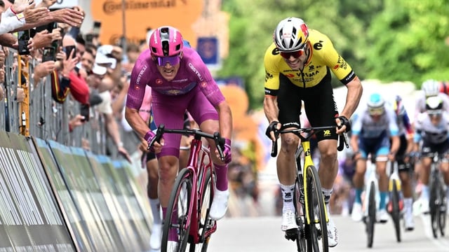 Pedersen, left, beat Van Aert, right, in the final sprint in Vicenza