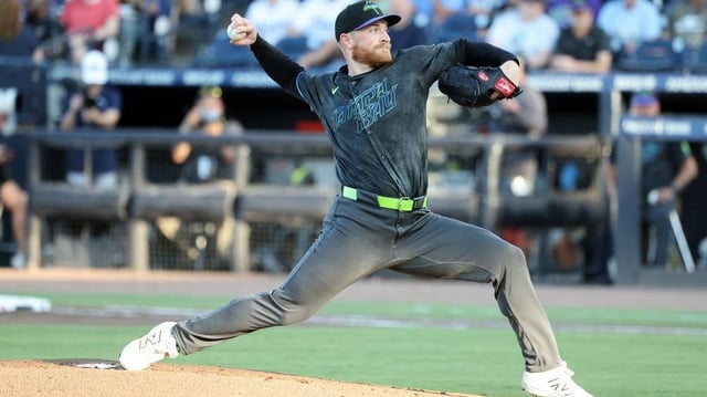 May 23, 2025; St. Petersburg, Florida, USA;  Tampa Bay Rays starting pitcher Drew Rasmussen (57) throws a pitch against the Toronto Blue Jays during the first inning at George M. Steinbrenner Field. Mandatory Credit: Kim Klement Neitzel-Imagn Images