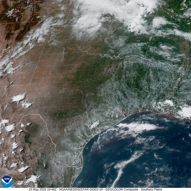 This weather satellite photo of Texas, taken from space Friday afternoon, shows how skies are likely to appear during the first half of the Memorial Day weekend. But storm chances increase across some parts of Texas as we get to late Sunday and Monday.