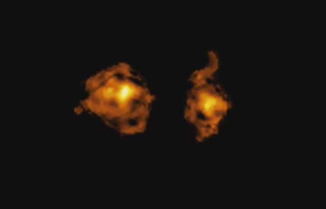 This image, taken with the Atacama Large Millimeter/submillimeter Array (ALMA), shows the molecular gas content of two galaxies involved in a cosmic collision. The one on the right hosts a quasar –– a supermassive black hole that is accreting material from its surroundings and releasing intense radiation directly into the other galaxy. Astronomers used the X-shooter instrument at ESO’s Very Large Telescope (VLT) to detect the quasar’s light as it passes through an invisible halo of gas surrounding the galaxy on the left. In doing so, they could observe the damage that this radiation causes to the victim, disrupting its clouds of gas and hampering its ability to form new stars. Credit: ALMA (ESO/NAOJ/NRAO)/S. Balashev and P. Noterdaeme et al.