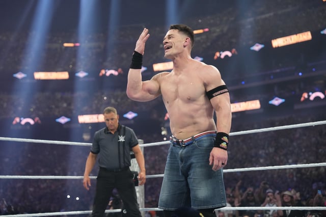 John Cena does his "you can't see me" motion during the Undisputed WWE Championship match at WrestleMania 41 on April 20.