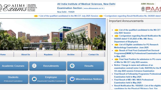 INI CET result 2025 for July session announced at aiimsexams.ac.in