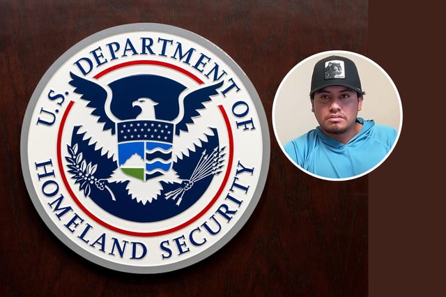 (L): The Department of Homeland Security seal is seen on the podium at the Immigration and Customs Enforcement headquarters, Wednesday, April 9, 2025, in Washington. 
(R): Leonardo Garcia Venegas, provided by Telemundo