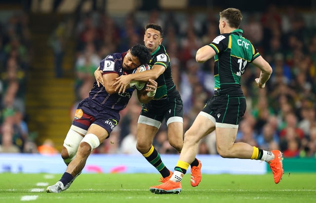 Rugby Union - European Challenge Cup Final - Northampton Saints v Bordeaux Begles - Principality Stadium, Cardiff, Wales, Britain - May 24, 2025 Bordeaux Begles' Peter Samu in action with Northampton Saints' Alex Mitchell Action Images via Reuters/Andrew Boyers