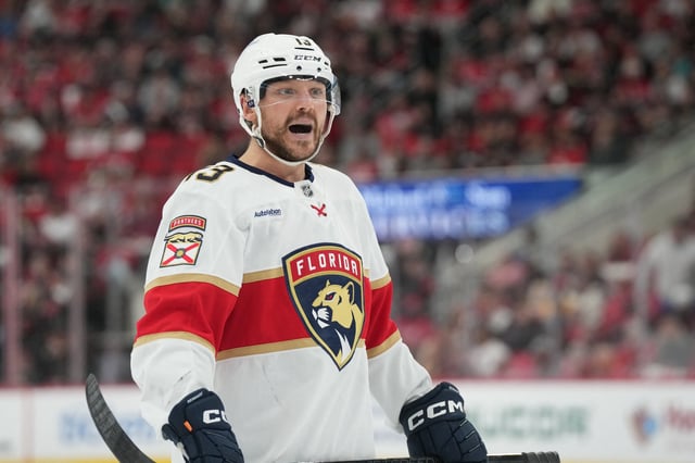 May 20, 2025; Raleigh, North Carolina, USA;  Florida Panthers forward Sam Reinhart (13) reacts during the second period against the Carolina Hurricanes in game one of the Eastern Conference Final of the 2025 Stanley Cup Playoffs at Lenovo Center. Mandatory Credit: James Guillory-Imagn Images/File Photo