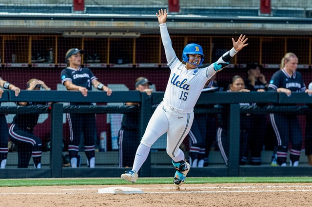 UCLA’s Jordan Woolery celebrates after hitting a two-out, two-run home run in the bottom of the seventh inning for a 5-4 victory over South Carolina in the second game of the NCAA Super Regional on Saturday, May 24, 2025, in Columbia, S.C. (Photo by Crash Kamon/Softball America)