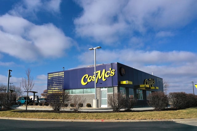 An aerial view shows a CosMc's restaurant, a concept recently launched by McDonald’s on December 11, 2023 in Bolingbrook, Illinois.