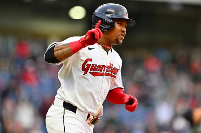 José Ramírez #11 of the Cleveland Guardians celebrates as he rounds the bases on a solo homer during the sixth inning against the Detroit Tigers at Progressive Field on May 06, 2024 in Cleveland, Ohio.