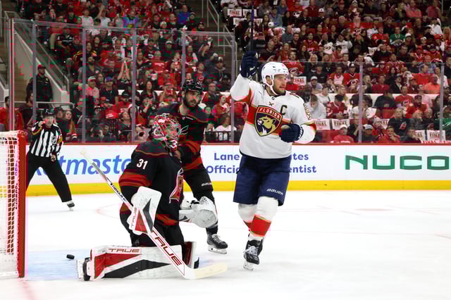 Aleksander Barkov #16 of the Florida Panthers celebrates after a goal is scored against Frederik Andersen #31 of the Carolina Hurricanes during the first period in Game One of the Eastern Conference Final of the 2025 Stanley Cup Playoffs at Lenovo Center on May 20, 2025 in Raleigh, North Carolina.
