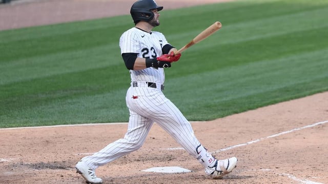 Andrew Benintendi of the Chicago White Sox hits a double during the sixth inning against the Texas Rangers at Rate Field on Saturday, May 24, 2025, in Chicago. (Geoff Stellfox/Getty Images/TNS)