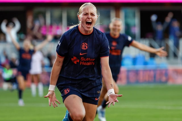 Bay FC’s Penelope Hocking, shown celebrating a goal last week against Angel City FC, scored a goal against Houston on Saturday night. (Shae Hammond/Bay Area News Group)