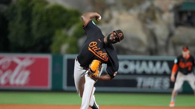May 9, 2025; Anaheim, California, USA; Baltimore Orioles relief pitcher Felix Bautista (74) throws in the ninth inning against the Los Angeles Angels at Angel Stadium. Mandatory Credit: Kirby Lee-Imagn Images