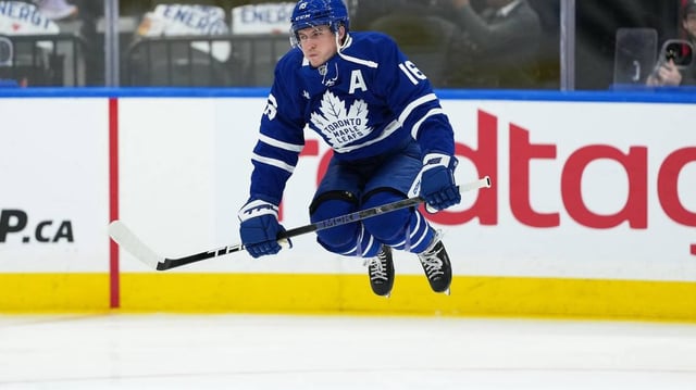 Toronto Maple Leafs right wing Mitch Marner (16) jumps during the warmup before game two of the second round of the 2025 Stanley Cup Playoffs against the Florida Panthers at Scotiabank Arena.