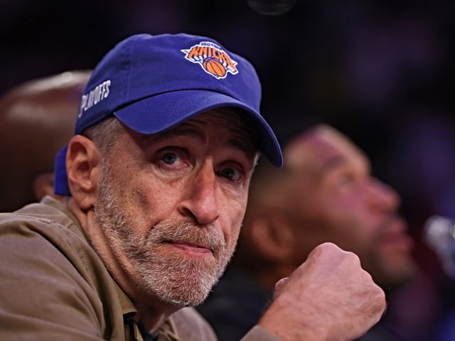 NEW YORK, NEW YORK - MAY 16: Jon Stewart looks on in Game Six of the Eastern Conference Second Round NBA Playoffs between the New York Knicks and the Boston Celtics at Madison Square Garden on May 16, 2025 in New York City. NOTE TO USER: User expressly acknowledges and agrees that, by downloading and or using this photograph, User is consenting to the terms and conditions of the Getty Images License Agreement. (Photo by Al Bello/Getty Images)