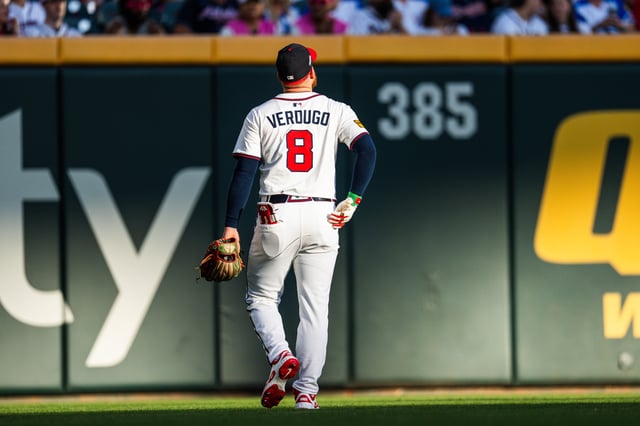 ATLANTA, GA - MAY 12: Alex Verdugo #8 of the Atlanta Braves stands on the field during the first inning against the Washington Nationals at Truist Park on May 12, 2025 in Atlanta, Georgia.