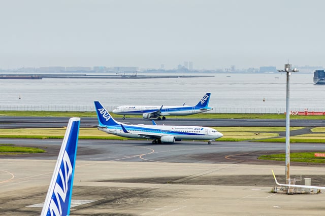 All Nippon Airways Co. aircraft taxi at Haneda Airport in Tokyo, Japan, on  April 26, 2025.