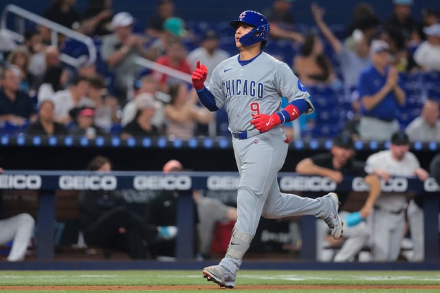 May 19, 2025; Miami, Florida, USA; Chicago Cubs catcher Miguel Amaya (9) circles theses after hitting a three-run home run against the Miami Marlins during the fourth inning at loanDepot Park. Mandatory Credit: Sam Navarro-Imagn Images/File Photo