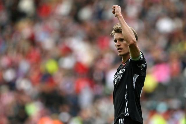 Le joueur d'Arsenal Martin Odegaard après avoir marqué le deuxième but de son équipe lors du match de championnat d'Angleterre contre Southampton au stade St Mary à Southampton le 25 mai 2025.