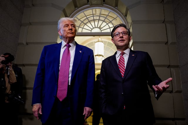 House Speaker Mike Johnson (R-Louisiana), accompanied by President Donald Trump, speaks to members of the media as they depart from the U.S. Capitol on May 20 in Washington, D.C.