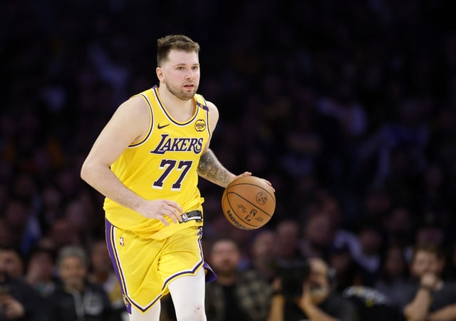 Luka Doncic #77 of the Los Angeles Lakers dribbles during a 103-96 loss to the Minnesota Timberwolves in Game Five of the Western Conference First Round NBA Playoffs at Crypto.com Arena on April 30, 2025 in Los Angeles, California.