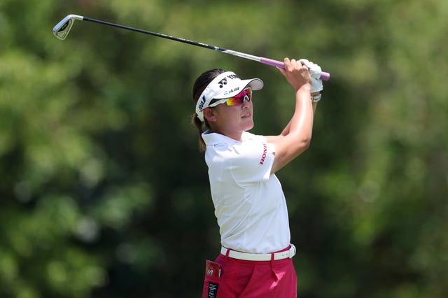 Chisato Iwai of Japan plays her shot from the 17th tee during the final round of the Riviera Maya Open at Mayakoba 2025 at El Camaleon at Mayakoba on May 25, 2025 in Playa del Carmen, Mexico.