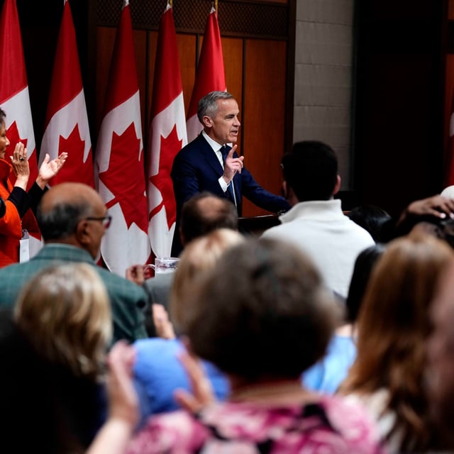 Prime Minister Mark Carney makes remarks at a meeting of the Liberal caucus, on Parliament Hill in Ottawa, on Sunday, May 25, 2025. THE CANADIAN PRESS/Justin Tang