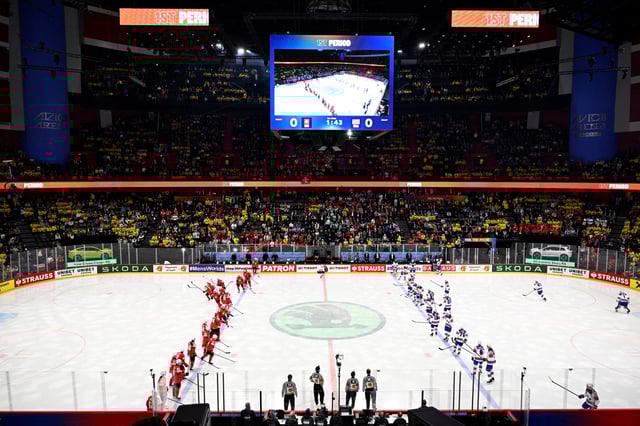 Ice Hockey - IIIHF World Championships - Final - Switzerland v United States - Avicii Arena, Stockholm, Sweden - May 25, 2025 Switzerland and United States players before the match  Pontus Lundahl/TT News Agency via REUTERS