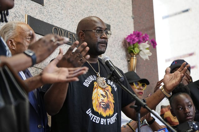 George Floyd's brother, Philonise Floyd, speaks during a memorial service on the anniversary of Floyd's death on Sunday, May 25, 2025, in Houston. (AP Photo/Ashley Landis)