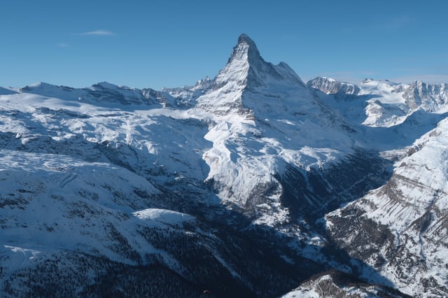 Matterhorn mountain looms above the valley that includes the village of Zermatt on January 7, 2022 near Zermatt, Switzerland,