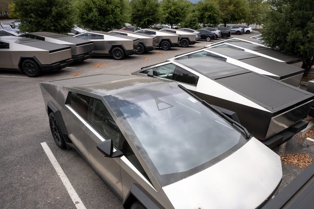 Tesla Cybertrucks being stored in Valencia, CA on Friday, April 25, 2025.