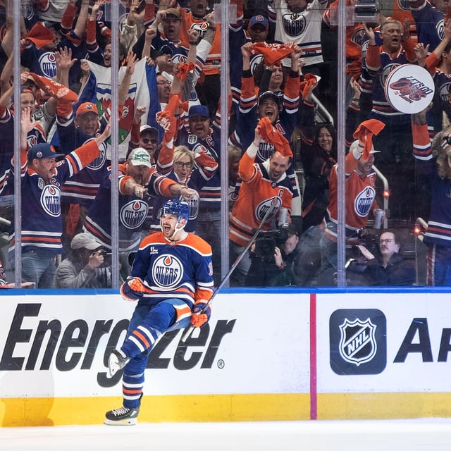 Edmonton Oilers' Zach Hyman (18) celebrates a goal against the Dallas Stars during third period NHL Western Conference Final playoff action, in Edmonton on May 25.