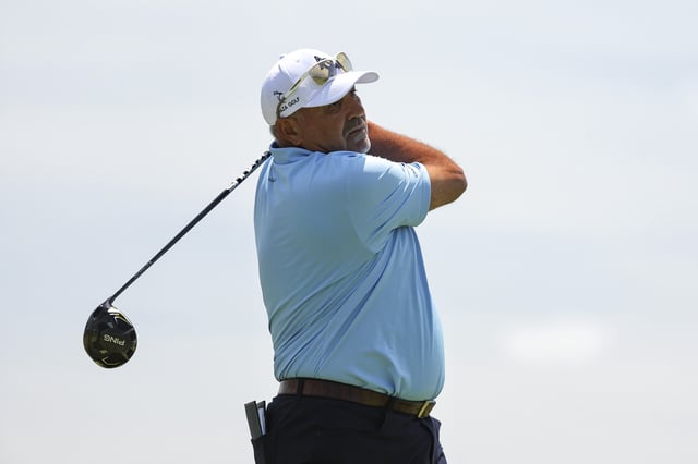 BETHESDA, MARYLAND - MAY 25: Angel Cabrera of Argentina hits a tee shot on the first hole during the final round of the Senior PGA Championship 2025 at Congressional Country Club on May 25, 2025 in Bethesda, Maryland. (Photo by Mike Mulholland/Getty Images)