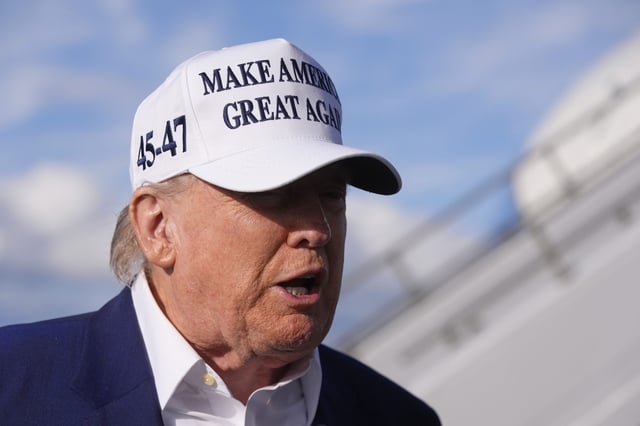 President Donald Trump speaks to reporters before boarding Air Force One at Morristown Municipal Airport in Morristown, N.J., Sunday, May 25, 2025. (AP Photo/Manuel Balce Ceneta)