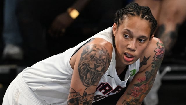 Brittney Griner #42 of the Atlanta Dream looks on against the Dallas Wings during the second quarter at Gateway Center Arena on May 24, 2025, in College Park, Georgia.