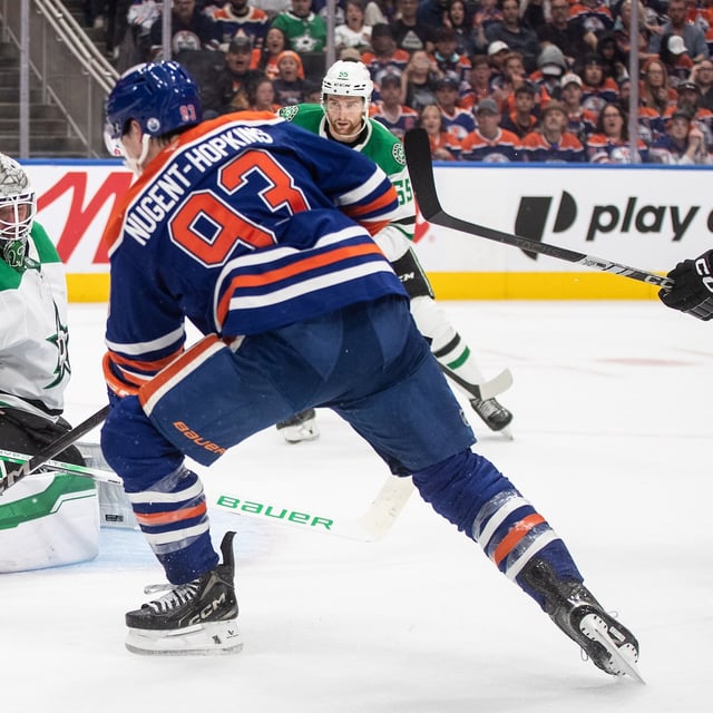 Dallas Stars goaltender Jake Oettinger makes the save on Oilers forward Ryan Nugent-Hopkins in Game 3 of the NHL's Western Conference Final in Edmonton on Sunday, May 25, 2025. THE CANADIAN PRESS/Jason Franson
