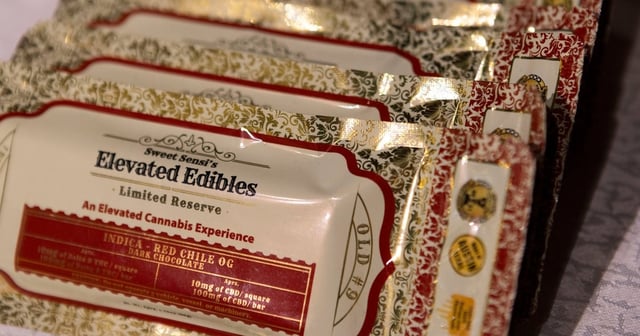 Edible THC and CBD products sit on display at Sweet Sensi, a shop specializing in THC products five blocks away from the Capitol in Austin on May 22, 2025.